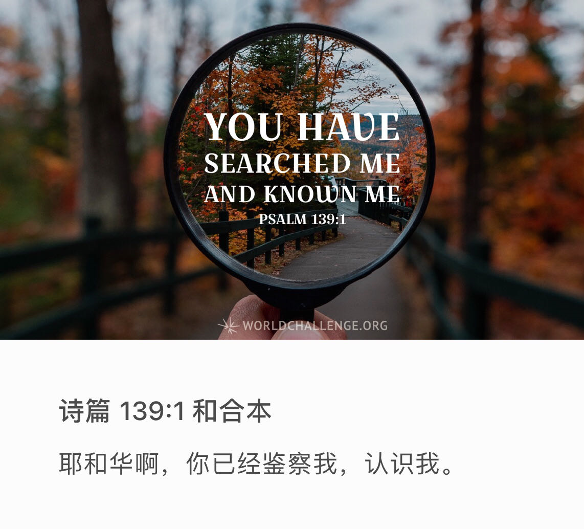 和合本 139:1   耶和华啊，你已经鉴察我，认识我。