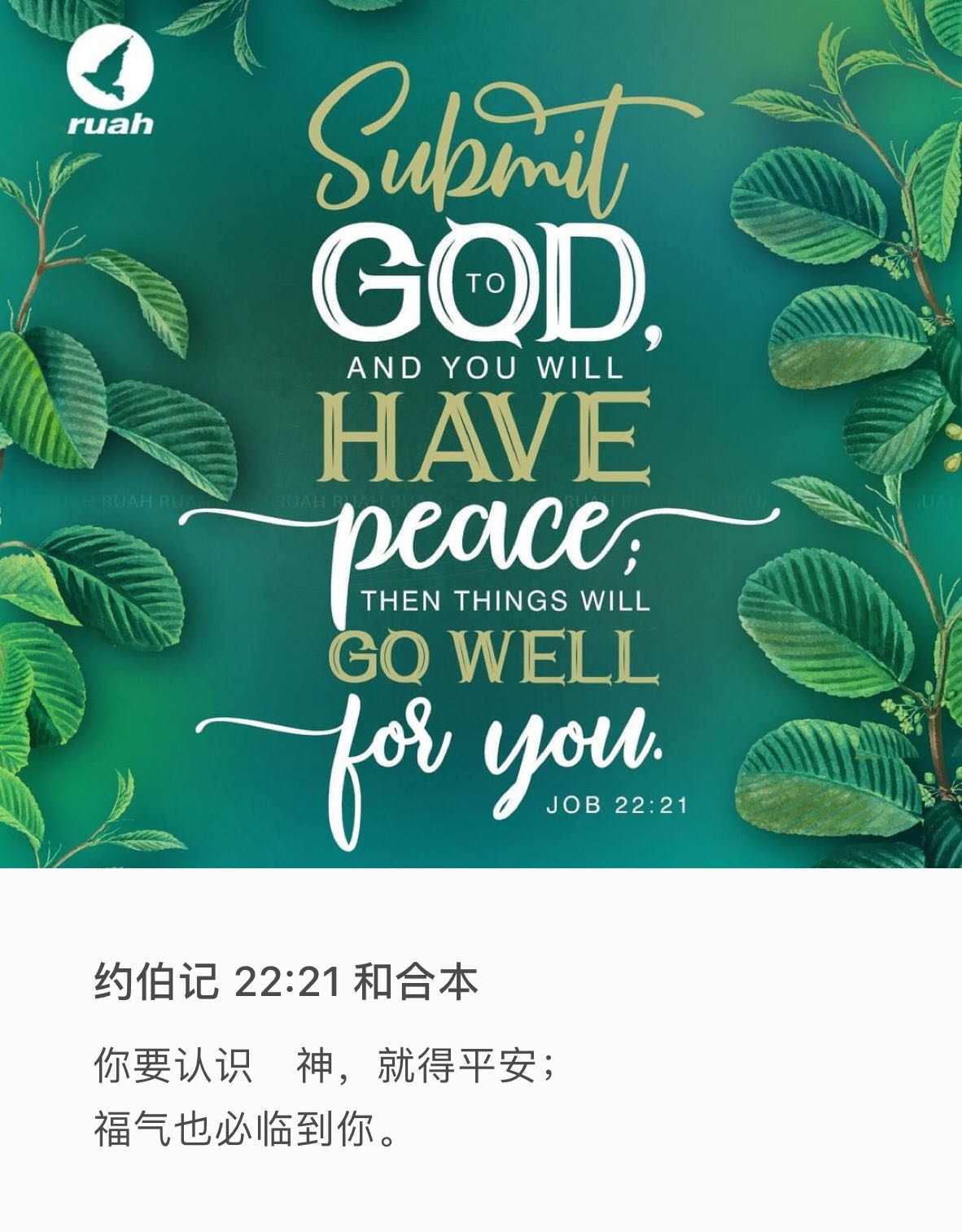 约伯记22:21 “你要认识　神，就得平安，福气也必临到你。