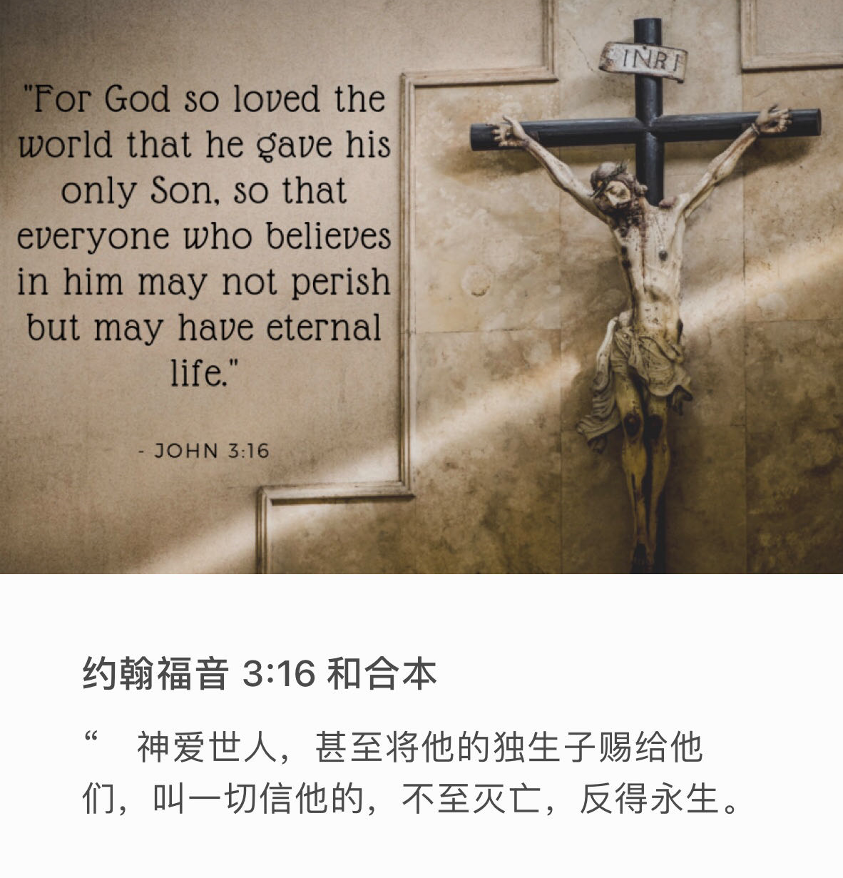 约翰福音 3:16 “　神爱世人，甚至将他的独生子赐给他们，叫一切信他的，不至灭亡，反得永生。