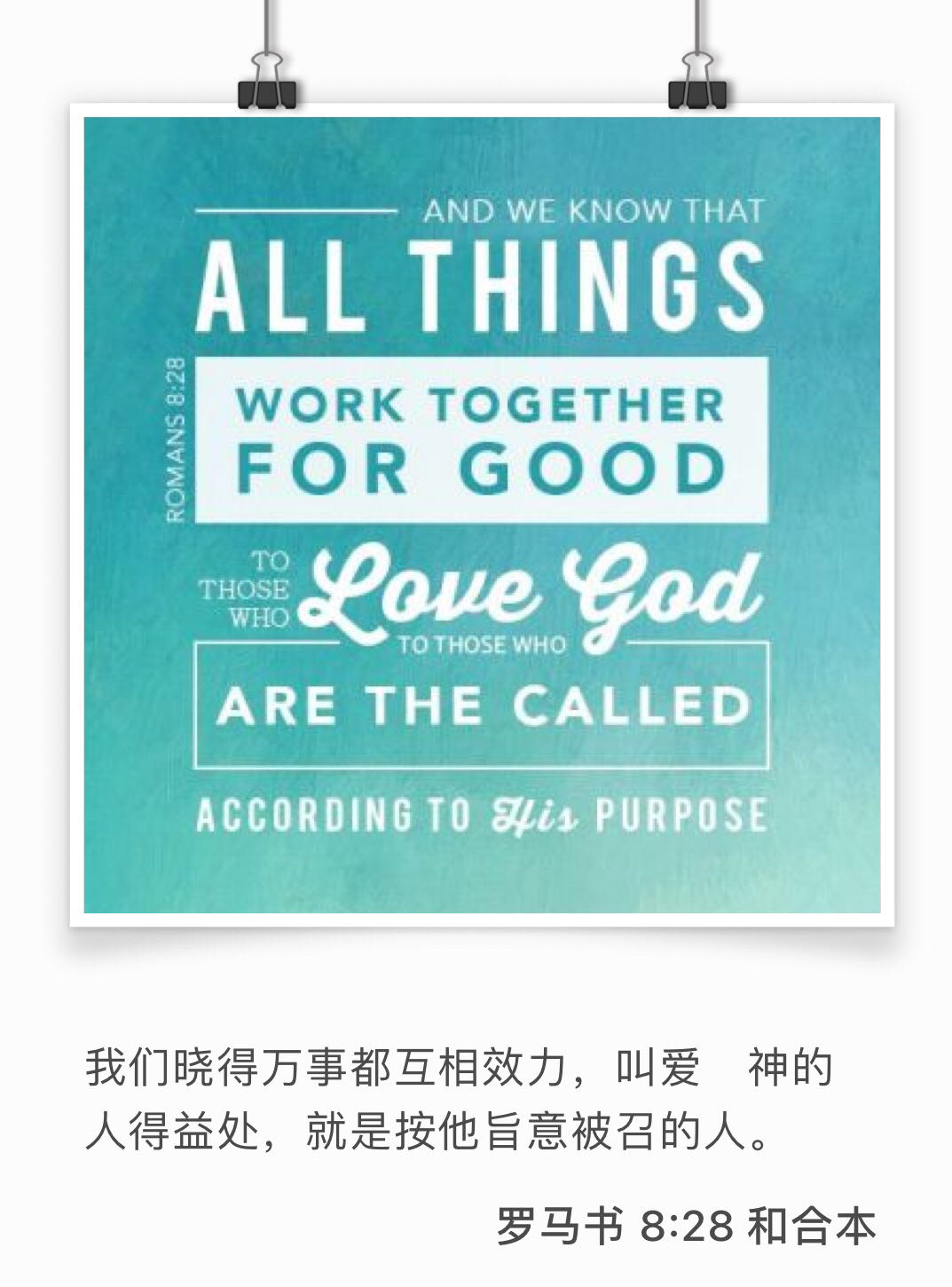 罗马书 8:28 我们晓得万事都互相效力，叫爱　神的人得益处，就是按他旨意被召的人。